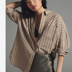 Anthropologie Pilcro Boyfriend Striped Button Down Shirt Sz S Oversized Brown